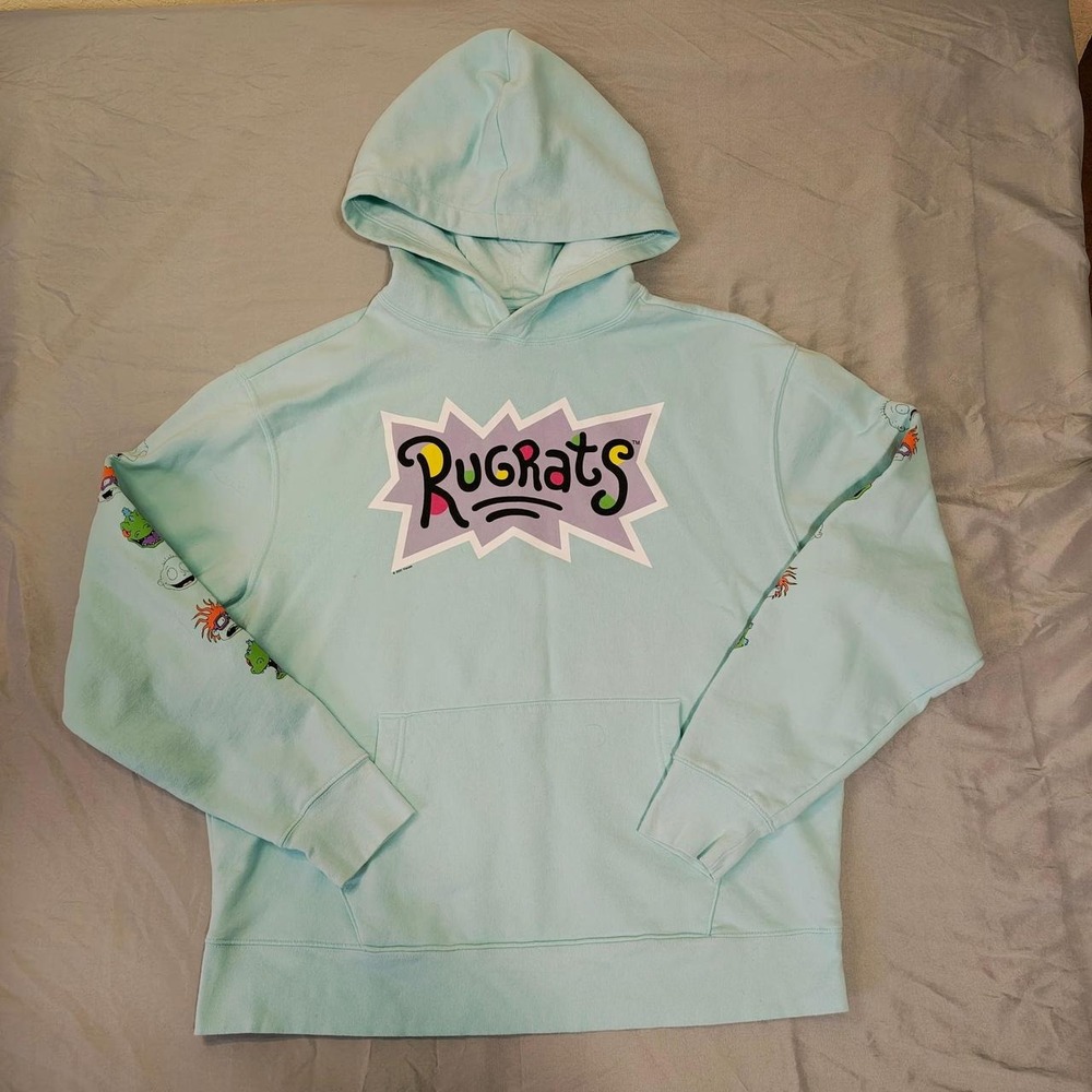 Old Navy Rugrats Blue Hoodie Embroidered Characters Sleeve Graphic Sweatshirt L